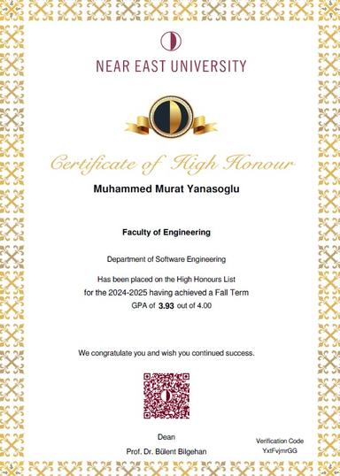 High Honor Student – Fall 2024-2025 (GPA: 3.93) – Near East University